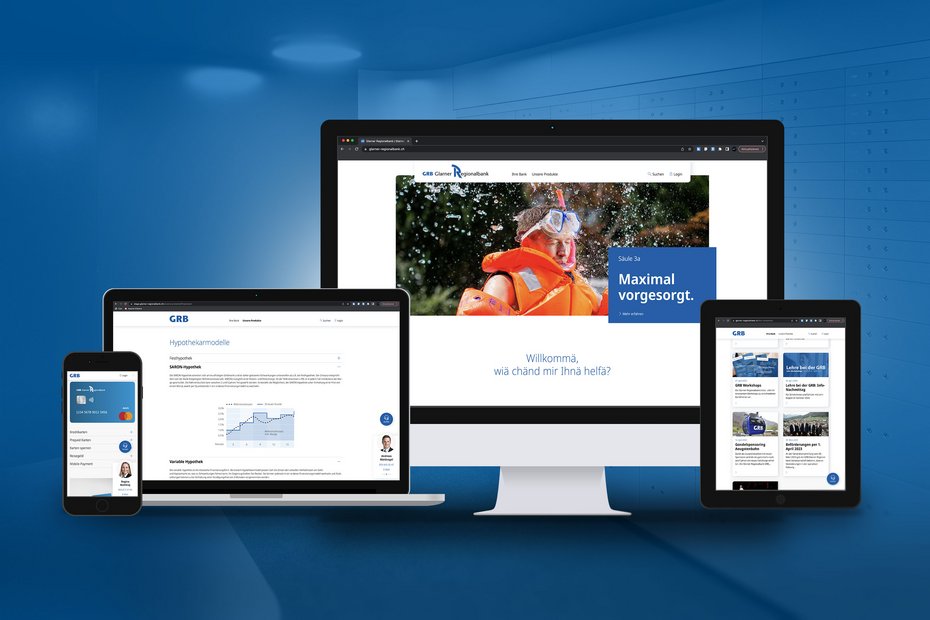 Natel, Laptop, Computer und Tablet mit GRB Webseite offen